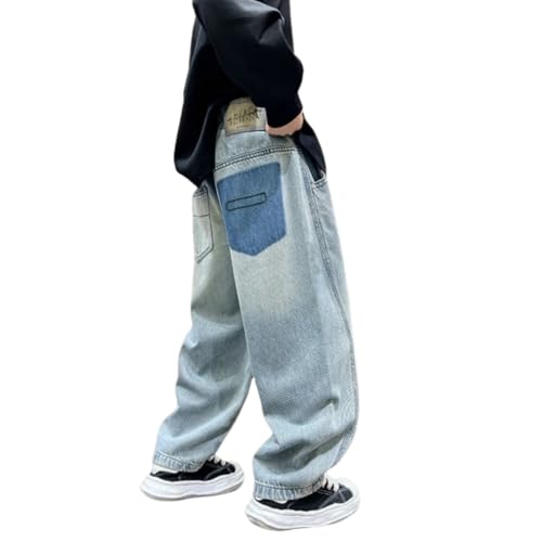 Baggy Jeans Jungen Straight Jeanshose mit Elastischem Bund Kinder Denimhose Loose Fit Cargohose Hosen Jungen Weite Bein Denim Hosen Mit Elastische Taille Taschen Freizeit (Z2-Light Blue, 13-14 Years) von Generisch