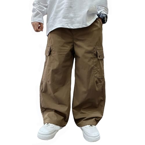 Baggy Jeans Jungen Straight Leg Jeanshose mit Elastischem Bund Kinder Denimhose Loose Fit Cargohose Hosen Weites Bein Streetwear Frühling Freizeithose (B2-Coffee, 14-15Years) von Generisch