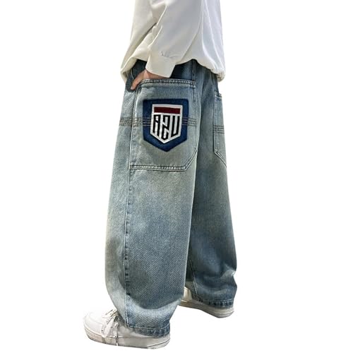 Baggy Jeans Jungs Loose Fit Jeanshose Kinder Jungen Y2k Cargohose Denim Hosen Weite Bein Cargo Jeans mit Elastischem Bund Streetwear Straight Jogginghose Schlupfjeans Männer mit Tasche von Generisch