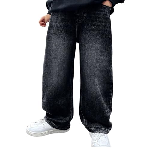 Baggy Jeans Jungs Straight Jeanshose mit Elastischem Bund und Taschen Kinder Denimhose Loose Fit Cargohose Hosen Mode Einfarbige Sommerhose Stretch Freizeithose Black 170 von Generisch