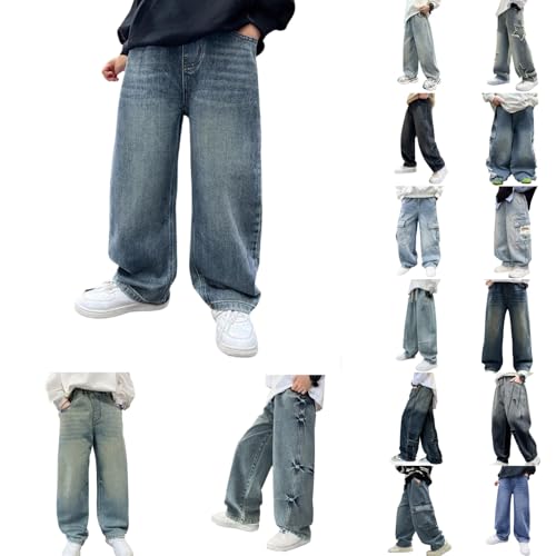 Baggy Jeans Jungs Straight Leg eanshose mit Elastischem Bund Kinder Weites Bein Denimhose Loose Fit Cargohose Hosen Jungen Hip Hop Streetwear Y2k Freizeithose von Generisch