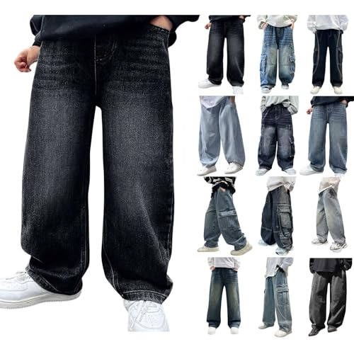 Baggy Jeans Jungs Weitem Bein Jogginghose für Mollige Kinder Straight Leg Jeanshose mit Elastischem Bund und Taschen Loose Fit Denimhose Jungen Loose Fit Cargohose Freizeit Streetwear 3-16 Jahre von Generisch
