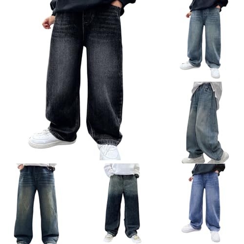 Baggy Jeans Kinder Jungen Weite Bein Denim Hosen Mit Elastische Taille Und Taschen Vintage Y2K Cargohose Straight Leg Mode Jeanshose Herbst Streetwear Freizeithose Schwarz 9 Jahre von Generisch