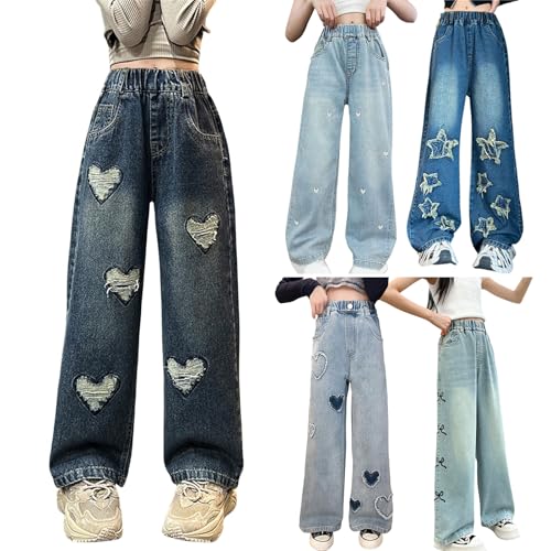 Baggy Jeans Mädchen Weites Bein Jeanshose Elastic Waist High Waist Wide Leg Freizeithose Pants Girls Hosen für Kinder Loose Streetwear Y2K Schlaghose Hohe Taille Cargo Hose Frühling Sommer von Generisch