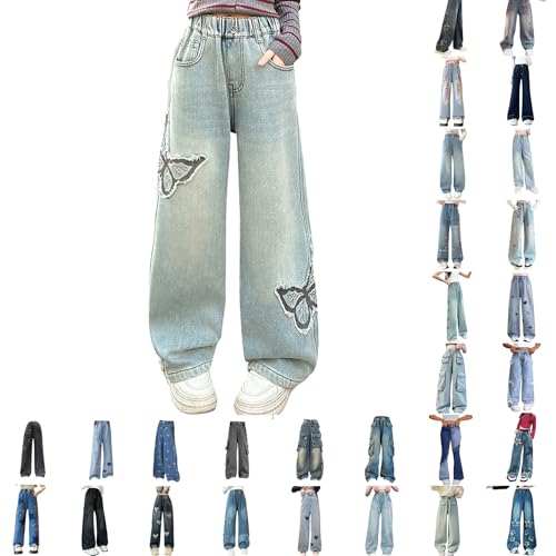 Baggy Jeans Mädchen Weites Bein Jeanshose mit Elastische Taille Lange Jeans Schlaghose Loose High Waist Demin Hosen mit Tasche Teenager Mädchen Y2K Streetwear Boyfriend Jeanshosen Kinder 3-17 Jahre von Generisch