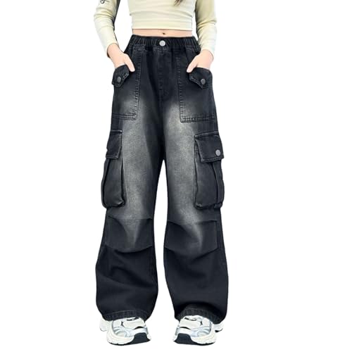Baggy Jeans Mädchen Weites Bein Jeanshose mit Elastische Taille Lange Jeans Schlaghose Loose High Waist Demin Hosen mit Tasche Teenager Mädchen Y2K Streetwear Boyfriend Jeanshosen Kinder 3-17 Jahre von Generisch