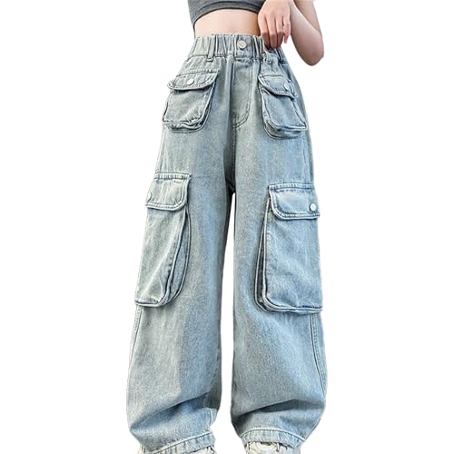 Baggy Jeans Mädchen Weites Bein Jeanshose mit Elastische Taille Lange Jeans Schlaghose Loose High Waist Demin Hosen mit Tasche Teenager Mädchen Y2K Streetwear Boyfriend Jeanshosen Kinder 3-17 Jahre von Generisch