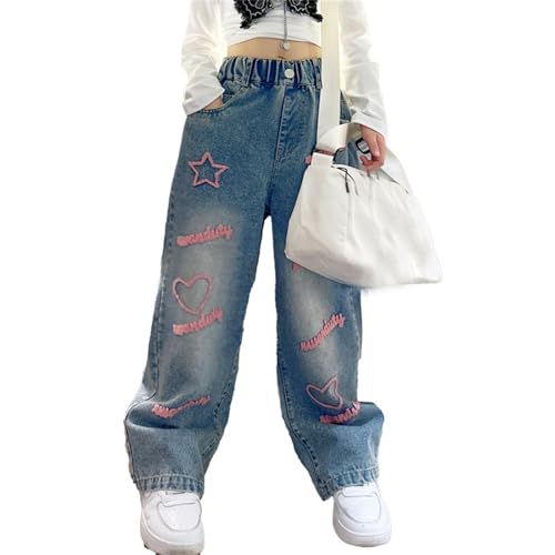 Baggy Jeans Mädchen Weites Bein Jeanshose mit Elastische Taille Outdoorhose Bequeme Breite Hose High Waist Freizeithose Y2K Jean Hip Hop Hosen Lockere Pants Schlaghose für 4-15 Jahre Kinder von Generisch