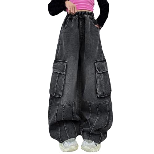 Baggy Jeans Mädchen Weites Bein Jeanshose mit Elastische Taille Outdoorhose Bequeme Breite Hose High Waist Freizeithose Y2K Jean Hip Hop Hosen Lockere Pants Schlaghose für 4-15 Jahre Kinder von Generisch