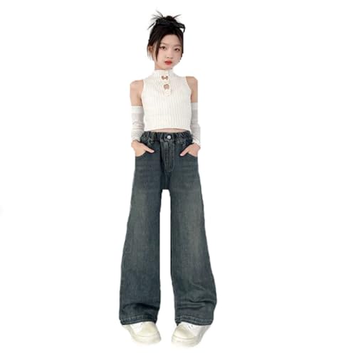 Baggy Jeans Mädchen Weites Bein Jeanshose mit Elastische Taille Outdoorhose Bequeme Breite Hose High Waist Freizeithose Y2K Jean Hip Hop Hosen Lockere Pants Schlaghose für 4-15 Jahre Kinder von Generisch