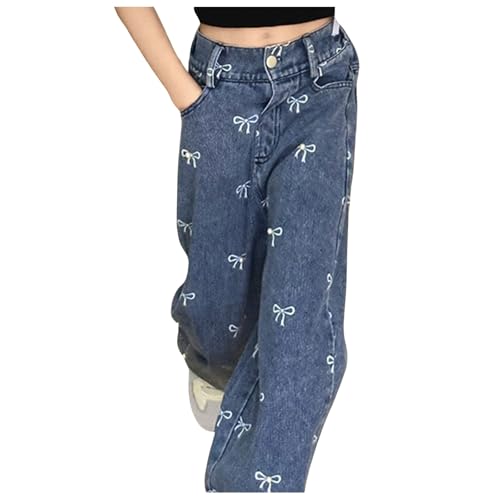 Baggy Jeans Mädchen Weites Bein Jeanshose mit Elastische Taille und Taschen Freizeithose Y2K Jean Hosen Lockere Pants Lässige Stilvolle Denim-Jeans für 5-17 Mädchen von Generisch