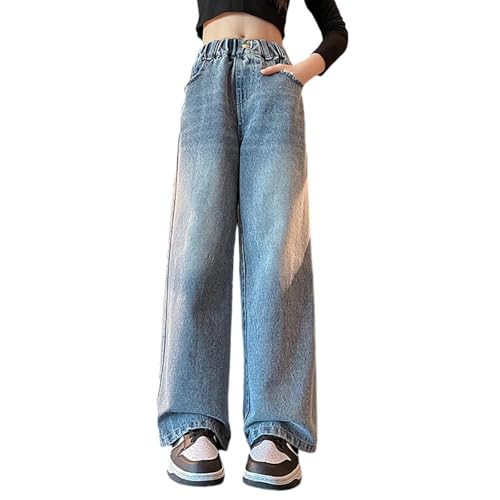 Baggy Jeans Mädchen Weites Bein Jeanshose mit Elastische Taille und Taschen Freizeithose Y2K Jean Hosen Lockere Pants Lässige Stilvolle Denim-Jeans für 5-17 Mädchen von Generisch