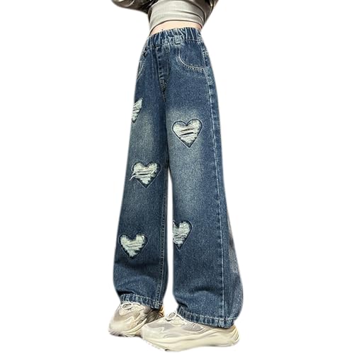 Baggy Jeans Mädchen Weites Bein Jeanshose mit Elastische Taille und Taschen Freizeithose Y2K Jean Hosen Lockere Pants Lässige Stilvolle Denim-Jeans für 5-17 Mädchen von Generisch