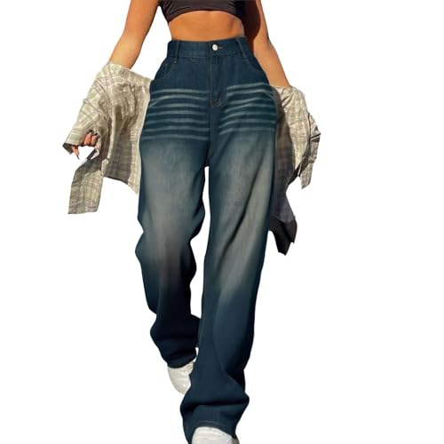 Baggy Jeans für Damen Hohe Taille Vintage Lose Gewaschen Mom Jeans Boyfriend Y2K Style Lose Stretch Taillenjeans Große Größen Teenager Mädchen Streetwear 2025 Frauen Mode Hip Hop Lange Jeanshose von Generisch