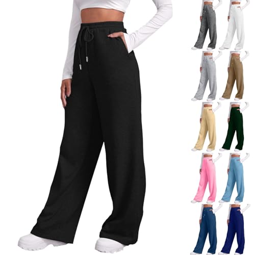 Baggy Jogginghose Damen Weite Bein High Waist Sweathose Lang Hosen Baumwolle Freizeithose Kordelzug Laufhosen Jogging Sporthose Breite Joggerhose Gerades Open Leg Jogger mit Taschen #A01 Black S von Generisch