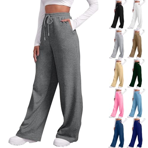 Baggy Jogginghose Damen Weite Bein High Waist Sweathose Lang Hosen Baumwolle Freizeithose Kordelzug Laufhosen Jogging Sporthose Breite Joggerhose Gerades Open Leg Jogger mit Taschen #A02 Grey 3XL von Generisch