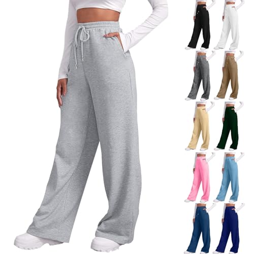 Baggy Jogginghose Damen Weite Bein High Waist Sweathose Lang Hosen Baumwolle Freizeithose Kordelzug Laufhosen Jogging Sporthose Breite Joggerhose Gerades Open Leg Jogger mit Taschen #A03 Silver M von Generisch