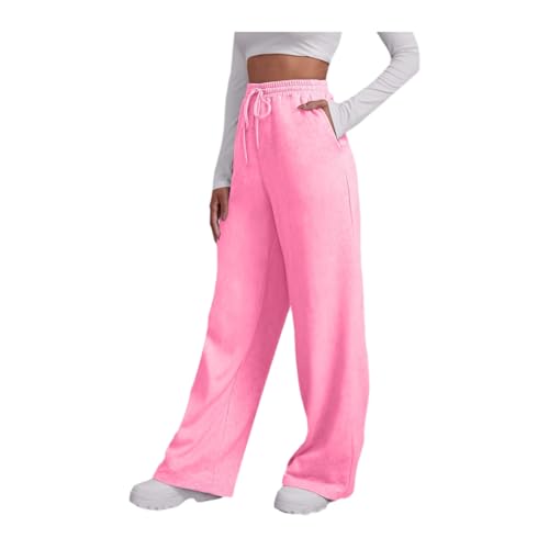 Baggy Jogginghose Damen Weite Bein High Waist Sweathose Lang Hosen Baumwolle Freizeithose Kordelzug Laufhosen Jogging Sporthose Breite Joggerhose Gerades Open Leg Jogger mit Taschen #A08 Pink S von Generisch