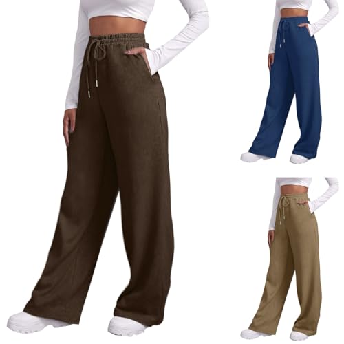 Baggy Jogginghose Damen Weite Bein High Waist Sweathose Lang Hosen Baumwolle Freizeithose Kordelzug Laufhosen Jogging Sporthose Breite Joggerhose Gerades Open Leg Jogger mit Taschen #A12 Brown XXL von Generisch
