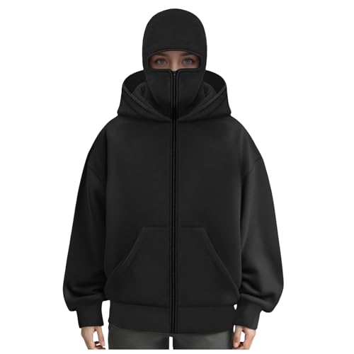 Balaclava Zip Hoodie Damen Unisex Einfarbig Kapuzenpullover Warm Sturmhaube Hoodie Reißverschluss Tasche Lockeres Sweatjacke Y2K Tops Ni Casual Oversized Mask Winddichte Übergangsjacke Motor Fahrrad von Generisch