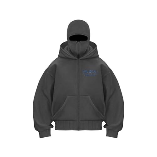 Balaclava Zip Hoodie Herren Ninja Hoodie mit Sturmhaube Oversized Jacke mit Doppel Kapuze Y2K Hoodie mit Fleece Winddichte Übergangsjacke Winter Motor Fahrrad Mask Jacke Einfarbig Sweatshirt von Generisch