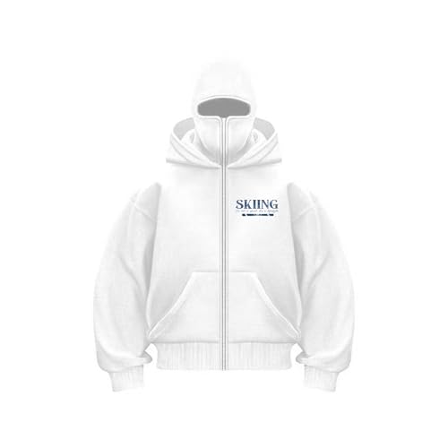 Balaclava Zip Hoodie Herren Ninja Hoodie mit Sturmhaube Oversized Jacke mit Doppel Kapuze Y2K Hoodie mit Fleece Winddichte Übergangsjacke Winter Motor Fahrrad Mask Jacke Einfarbig Sweatshirt von Generisch