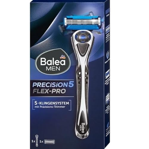 Balea MEN precision5 Flex-Pro Rasierer, 5-Klingensystem mit Präzisionstrimmer, Keramikveredelte Klingen, Aloe Vera Gleitstreifen, Blau (Rasierer 1 stk) von Generisch