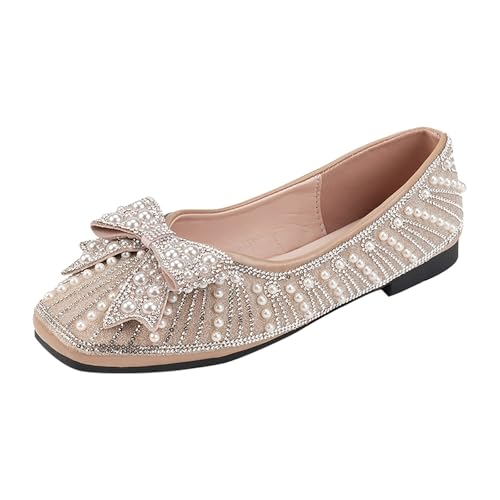 Ballerina Schuhe Damen Elegante Perlen-Strass Tanzschuhe Flach Niedriger Keilabsatz Glitzerschuhe Modische High Heels mit Schleife Slip-On Frauenschuhe Bequeme Hochzeits Einzelne Schuhe von Generisch