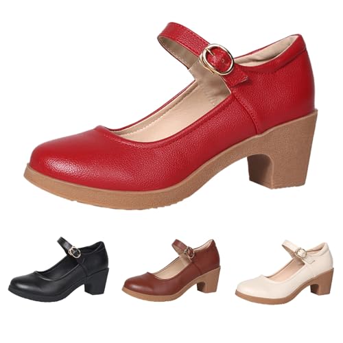 Ballerinas Damen Mit Absatz Und Riemchen - Mary Jane Halbschuhe Für Damen Blockabsatz Pumps Slip-On Loafer Kleidschuhe Slip-On Slippers Pendler Schlupfschuhe Elegant Bequem Damenschuhe von Generisch