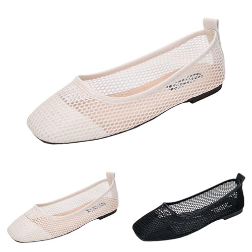 Ballerinas Flach Für Damen Netz - Balerinaschuhe Aushöhlte Atmungsaktiv Sommerschuhe Quadratisch Kleidschuhe Slip-On Sandalen Leicht Bequem Flacheschuh Walking Schuhe Halbschuhe von Generisch