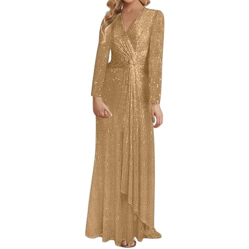 Ballkleider Damen Lang Damenkleider Festlich Abendkleider Elegant FüR Hochzeit Glitzer V Ausschnitt Brautjungfernkleider Einfarbiges Langärmliges Kleid Mit Pailletten Elegantes Damen Abendklei von Generisch