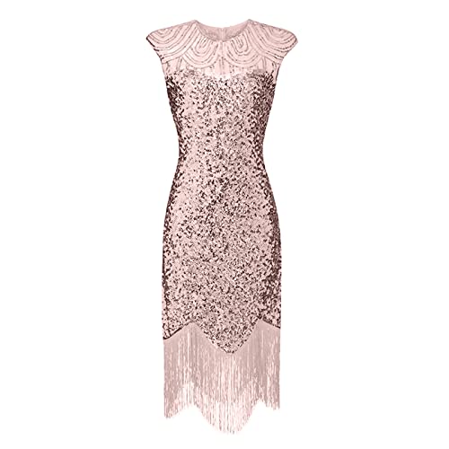 Ballkleider Damen Lang Glitzer Cocktailkleid Damen Elegant Rosa Pailettenkleider Rundhals Ärmelloses Partykleid Bodycon Hohe Taille Fransenkleid Mit Fransensaum Figurbetontes Partykleid Glitzerkleid von Generisch