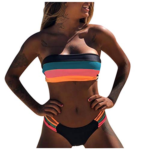 Bandeau Bikini Damen Set Push Up Sexy Bademode Bunt Gestreift Trägerloser Badeanzug Zweiteilig Schwimmanzug String Bikini Oberteil mit Bikinihose Strandmode Badebekleidung von Generisch