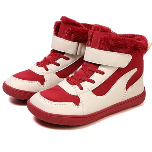 Barfußschuhe Kinder Winter, Warm gefüttert, mit breiter Zehenbox & Flexibler Nullsprengung-Sohle. rutschfeste High-Top Winterschuhe (Rot, Kleinkind, 34, Numerisch, EU Schuhgrößensystem, M) von Generisch