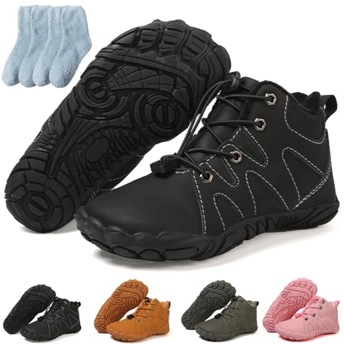 Barfußschuhe Kinder Winter, Warme Wasserdichte Rutschfeste Winterschuhe mit Breiter Zehenpartie, Hike Wanderstiefel für Jungen (008 – Schwarz, Grundschulkind, 26, Numerisch, EU Schuhgrößensystem, M) von Generisch