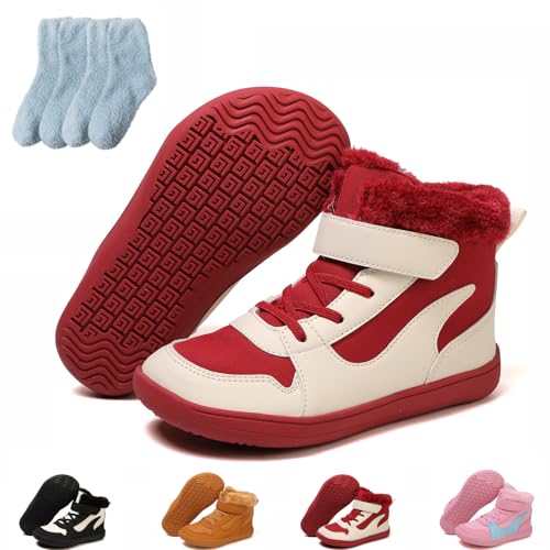 Barfußschuhe Kinder Winter, Warme Wasserdichte Rutschfeste Winterschuhe mit Breiter Zehenpartie, Hike Wanderstiefel für Jungen (608 – Rot, Grundschulkind, 28, Numerisch, EU Schuhgrößensystem, M) von Generisch