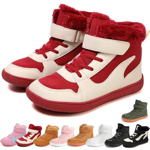 Barfußschuhe Kinder Winter, warm gefüttert & wasserabweisend, breite Zehenbox, Flexible Null-Fall-Sohle, rutschfest (Rot, Kleinkind, 26, Numerisch, EU Schuhgrößensystem, Breit) von Generisch