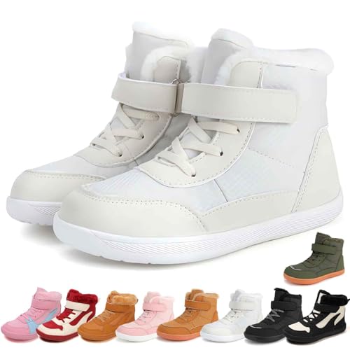 Barfußschuhe Kinder Winter, warm gefüttert & wasserabweisend, breite Zehenbox, Flexible Null-Fall-Sohle, rutschfest (Weiß, Kleinkind, 26, Numerisch, EU Schuhgrößensystem, Breit) von Generisch