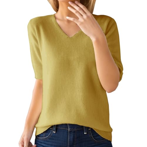 Basic Oberteile Sommer Damen Einfarbig V-Ausschnitt Kurzarm Strickpullover Shirt LäSsig Stricken Kaschmir Blend Pullover Tops von Generisch
