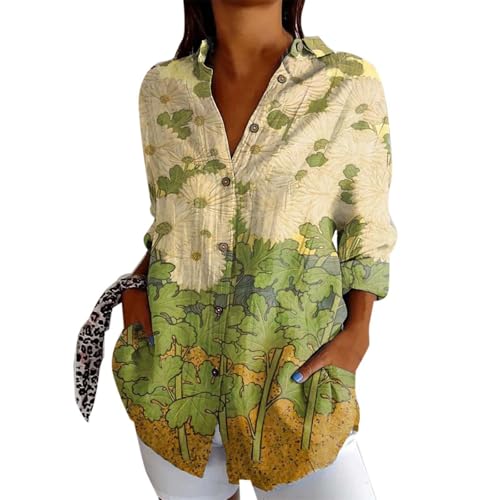 Batik Langarmshirt Damen Vintage Fisch Kunstdruck Hemdbluse Button Down Leinen Hemdshirt Oberteil Locker Reverkragen Blusenshirt Langarmshirt Sommer Elegant Bluse Tunika von Generisch