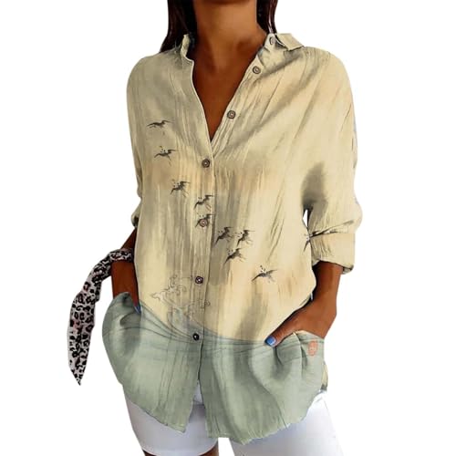 Batik Langarmshirt Damen Vintage Fisch Kunstdruck Hemdbluse Button Down Leinen Hemdshirt Oberteil Locker Reverkragen Blusenshirt Langarmshirt Sommer Elegant Bluse Tunika von Generisch