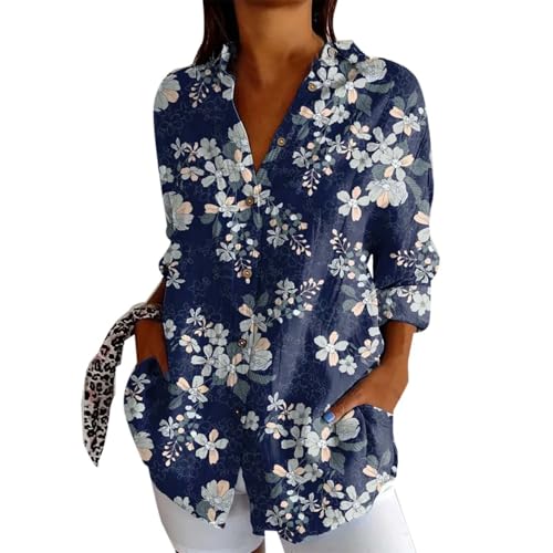 Batik Langarmshirt Damen Vintage Fisch Kunstdruck Hemdbluse Button Down Leinen Hemdshirt Oberteil Locker Reverkragen Blusenshirt Langarmshirt Sommer Elegant Bluse Tunika von Generisch