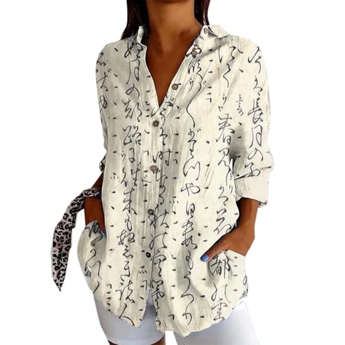 Batik Langarmshirt Damen Vintage Fisch Kunstdruck Hemdbluse Button Down Leinen Hemdshirt Oberteil Locker Reverkragen Blusenshirt Langarmshirt Sommer Elegant Bluse Tunika von Generisch
