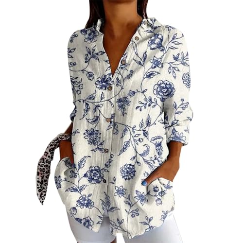 Batik Langarmshirt Damen Vintage Fisch Kunstdruck Hemdbluse Button Down Leinen Hemdshirt Oberteil Locker Reverkragen Blusenshirt Langarmshirt Sommer Elegant Bluse Tunika von Generisch