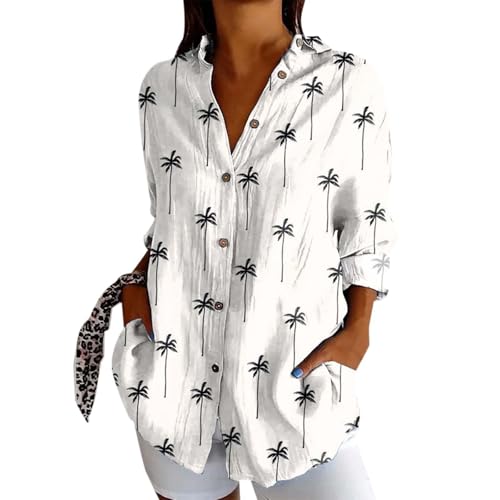 Batik Langarmshirt Damen Vintage Fisch Kunstdruck Hemdbluse Button Down Leinen Hemdshirt Oberteil Locker Reverkragen Blusenshirt Langarmshirt Sommer Elegant Bluse Tunika von Generisch