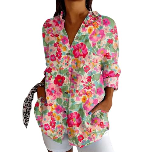 Batik Langarmshirt Damen Vintage Fisch Kunstdruck Hemdbluse Button Down Leinen Hemdshirt Oberteil Locker Reverkragen Blusenshirt Langarmshirt Sommer Elegant Bluse Tunika von Generisch