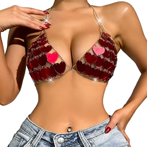 Bauchfreies Oberteil mit glitzernden roten Herz-Pailletten, Neckholder, sexy, V-Ausschnitt, rückenfrei, Party, Nachtclub, Bikinis, BHs, Körperkette, Pailletten-Crop-Top für Damen, Party, Nacht von Generisch