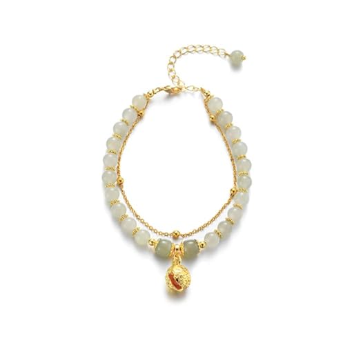 Bauchkettenschmuck Für Grünes natürliches Jade Armband für Frauen Perlen Charm Ring Glocke Verstellbarer Armreif Legierung 2 Lagen Stapelkette Schmuck Geburtstagsgeschenk für Sie Armbanduhr Männer von Generisch