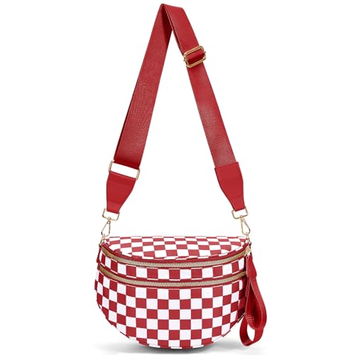 Bauchtasche Damen Groß Schwarz Checkered Crossbody Bag UmhäNgetasche Breiter Gurt GüRteltasche Damen Shoulder Bag Women Crossbag (RED) von Generisch
