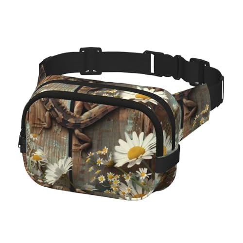 Bauchtasche zum Laufen, Bauchtasche für Damen und Herren, Crossbody-Gürteltasche, Bauchtasche, Gänseblümchen und Eidechse auf altem Holzbrett, mehrfarbig, Einheitsgröße, Geldgürtel von Generisch